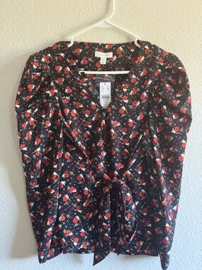 NWT Topshop Black Floral Tie-Front Top with Red and White Print